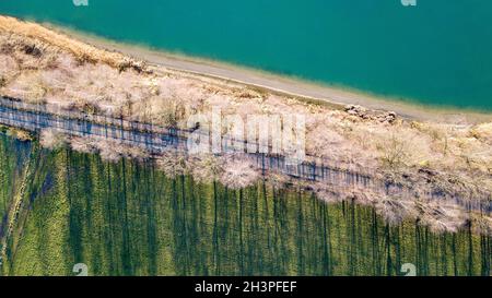 Vue aérienne de la forêt d'hiver et du lac d'en haut capturé avec un drone Banque D'Images