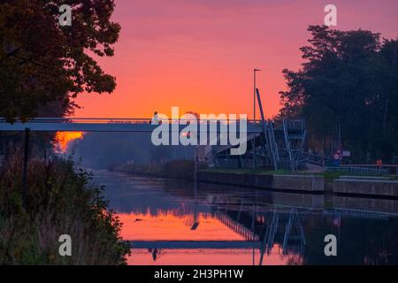 Le canal du ruisseau et un pont avec des bancs d'herbe et des fleurs sauvages et des arbres dans un paysage pittoresque sur un brumeux autumns matin soleil Banque D'Images