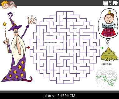 Jeu éducatif de labyrinthe avec magicien de dessin animé et Prince de grenouille Banque D'Images