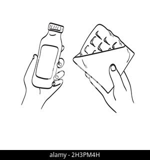main en gros tenant la gaufre et le flacon de lait illustration vecteur isolé sur fond blanc art de ligne Illustration de Vecteur