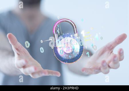 Signe 3D de la protection des technologies de l'information flottant sur la main d'un homme Banque D'Images