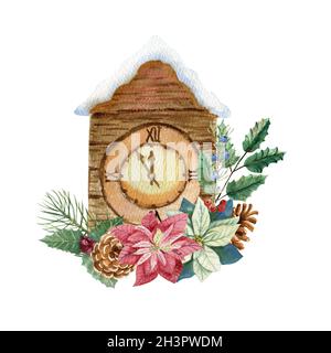 Horloge du nouvel an avec branches de sapin, cônes, fleurs de pouncettia et houx.Illustration aquarelle Banque D'Images