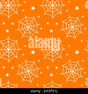 Motif Halloween sans couture avec toiles d'araignée blanches sur fond orange.Illustration vectorielle plate.Utilisation pour le Web, le bloc-notes, l'arrière-plan, le papier. Illustration de Vecteur