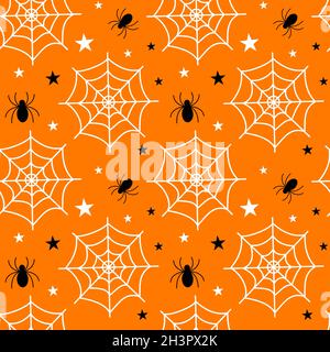 Illustration vectorielle plate.Motif Halloween sans coutures avec toiles d'araignée et araignées.Utilisation pour Internet, bloc-notes, arrière-plan, papier. Illustration de Vecteur