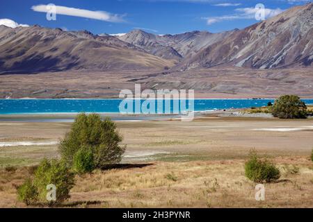 Vue éloignée sur le lac Tekapo sur une journée d'été Banque D'Images