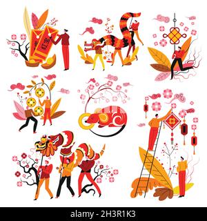 Symboles du nouvel an chinois, mascottes Feng Shui et signe du zodiaque Illustration de Vecteur