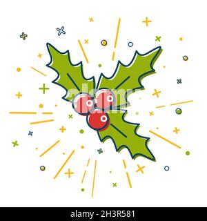 Icône en forme de GUI de Noël de couleur en forme de ligne fine.Symbole traditionnel aux baies de houx isolé sur fond blanc. Illustration de Vecteur
