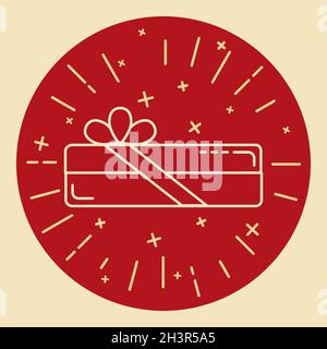 Icône de boîte-cadeau rectangulaire en forme de ligne fine.Boîte à cadeau brillante avec noeud dans un cadre rond. Illustration de Vecteur