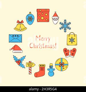 Bannière concept ronde Joyeux Noël avec place pour le texte.Affiche des fêtes dans un style coloré.Illustration vectorielle. Illustration de Vecteur