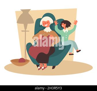 Petite-fille et grand-mère tricoter dans un fauteuil, granny et enfant, famille Illustration de Vecteur