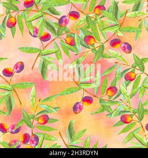 Un motif aquarelle sans couture de branches d'olivier vibrantes aux olives Banque D'Images