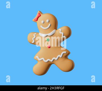 Chirtmas cookie Gingerbread mâle avec boutons rouges et foulard vert 3d rendu illustration.Isolé sur fond bleu Banque D'Images