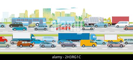 Circulation routière sur l'autoroute en face d'une grande illustration de la ville Banque D'Images