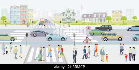 Silhouette de ville avec circulation routière et piétons sur le passage à Zébra, illustration Banque D'Images