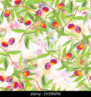 Un motif aquarelle sans couture de branches d'olivier vibrantes aux olives Banque D'Images