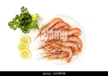 Photo aérienne d'une assiette de crevettes crues sur blanc, avec persil et citron, avec espace de copie Banque D'Images