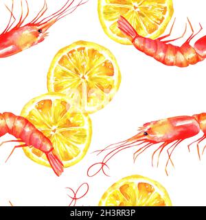 Motif aquarelle sans couture avec crevettes et citrons sur fond blanc Banque D'Images