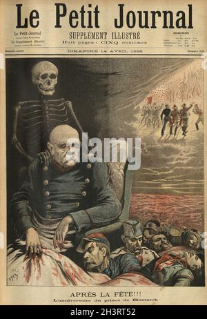 Page d'accueil du petit Journal.Appuyez sur la tête.L'anniversaire du prince de Bismarck.Après la fête.L'anniversaire du prince Bismarck.Caricature d'Otto von Bismarck regardant les soldats français morts Banque D'Images