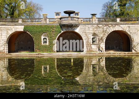 La photo a été prise dans le parc du château de Sansoussi Allemagne Berlin Postdam.Le pont se reflète dans l'eau. Banque D'Images