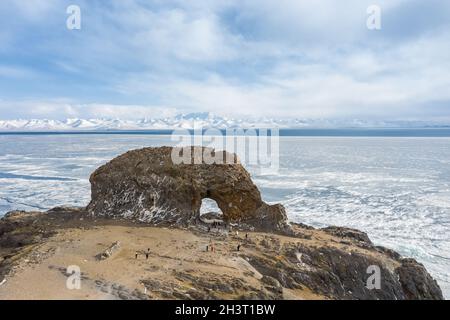 Vue aérienne du Saint éléphant dans le lac Namtso Banque D'Images