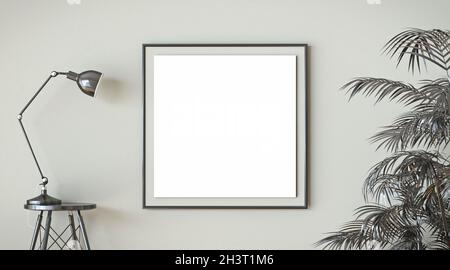 Maquette image vierge cadre lampe noire et feuilles tropicales noires 3D Banque D'Images