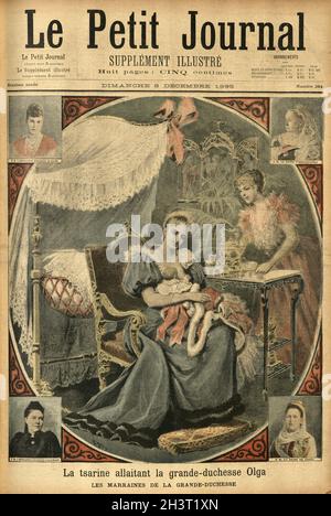 Première page du petit Journal, illustration ancienne de l'impératrice Alexandra Feodorovna de Russie qui allaite la Grande duchesse Olga Nikolaevna, 1895, 19e siècle Banque D'Images