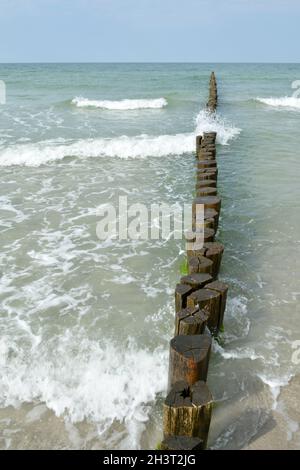 Brise-lames, groynes et plage de la mer Baltique - Fischland, Darß, Zingst, Allemagne Banque D'Images