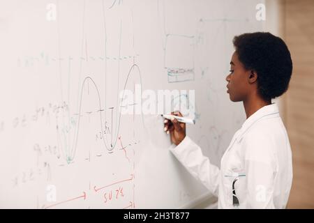 Une femme afro-américaine enseignante en mathématiques est à la table noire avec un marqueur Banque D'Images