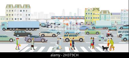 Les voitures à l'intersection dans la circulation se coince dans une grande ville et métro en face des bâtiments, illustrat Banque D'Images