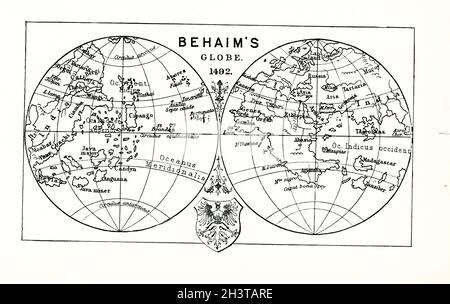 Cette illustration montre le globe de Behaim en 1492.Martin Behaim (1459-1507), également connu sous le nom de Martin von Behaim et par diverses formes de Martin de Bohême, était un marchand de textile et cartographe allemand.Il a servi Jean II du Portugal comme conseiller en matière de navigation et a participé à un voyage en Afrique de l'Ouest.L'Erdapfel est un globe terrestre produit par Martin Behaim de 1490 à 1492.L'Erdapfel est le plus ancien globe terrestre encore en vie.Il est construit d'une boule de lin laminé en deux moitiés, renforcé de bois et recouvert d'une carte peinte sur des corvées par Georg Glockendon. Banque D'Images