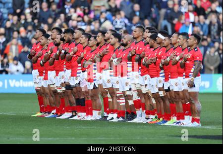 Les joueurs des Tonga s'alignent avant le match de la série des nations d'automne au stade BT Murrayfield, à Édimbourg.Date de la photo: Samedi 30 octobre 2021. Banque D'Images