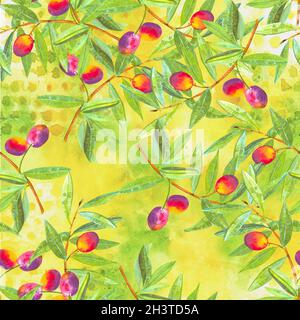 Un motif aquarelle sans couture de branches d'olivier vibrantes aux olives Banque D'Images