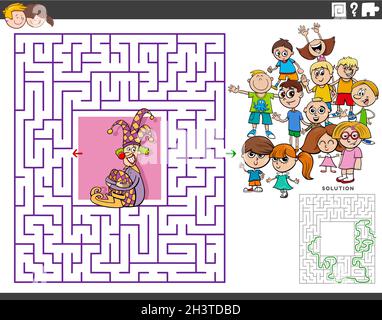 Labyrinthe jeu éducatif avec le clown de dessin animé et les enfants Banque D'Images