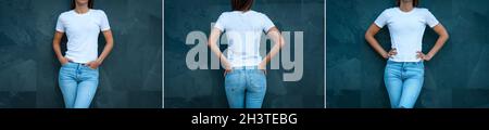 Maquette de t-shirt blanche pour un motif imprimé.Jeune femme élégante vêtue d'un t-shirt blanc vierge et d'un Jean bleu sur fond gris.Vue avant et arrière Banque D'Images