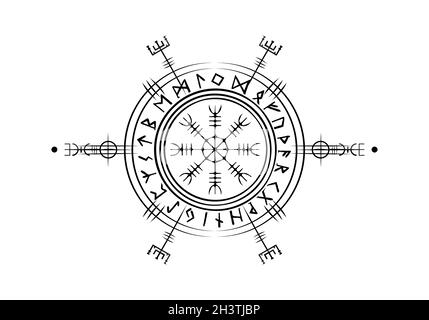 Viking Pagan Asatru Runic Compass, Vegvisir Rune Circle Viking Norse mythologie.Talisman de protection pour les voyageurs.Panneau de boussole Magical Navigator Illustration de Vecteur