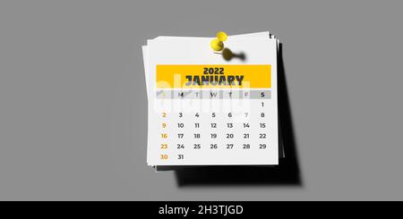 Ensemble de modèles de calendrier mensuel épinglé 2022 : janvier 2022, page de calendrier épinglée en 3D sur fond gris avec espace de copie.Composition horizontale Banque D'Images