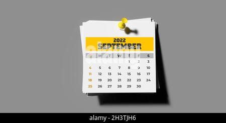 Ensemble de modèles de calendrier mensuel épinglé 2022 : septembre 2022, page de calendrier épinglée en 3D sur fond gris avec espace de copie.Composition horizontale Banque D'Images