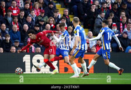 Curtis Jones à Liverpool (à gauche) et Solly March à Brighton et Hove Albion pour le match de la Premier League à Anfield, Liverpool.Date de la photo: Samedi 30 octobre 2021. Banque D'Images