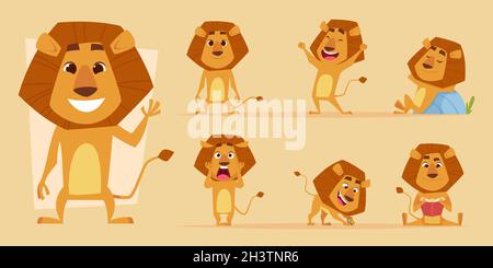 Dessin animé Lion.Animal africain sauvage en action pose des lions safari personnages vecteur isolé Illustration de Vecteur