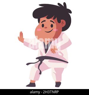 Enfants enfants enfants utilisant un kimono blanc jouer exercice entraînement karaté art martial dessin animé couleur plat isolé arrière-plan illustration vectorielle Illustration de Vecteur