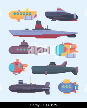 Bateau sous-marin.Sous-marins plongée exploration de l'océan vecteur illustrations de dessin animé ensemble Illustration de Vecteur