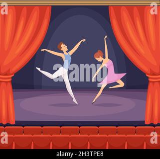 Scène de ballet.Danseuse, homme et femme, dansant sur scène, vecteur magnifique sur fond de rideaux rouges dans le théâtre Illustration de Vecteur