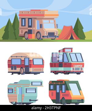 Fourgonnette de camping.Vector explorer Truck véhicule pour les voyageurs motorhomes ensemble vectoriel dans le style plat Illustration de Vecteur