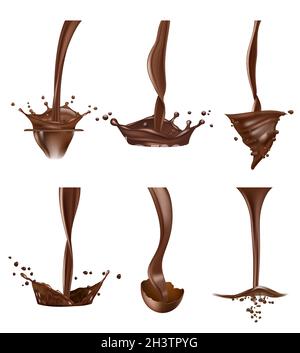 Éclaboussures de chocolat.Couler liquide délicieux chocolat gouttes de sauce chaude vecteur réaliste Illustration de Vecteur