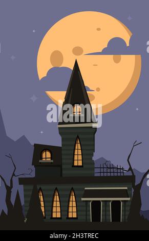 Arrière-plan de Halloween.Effrayant château d'horreur clair de lune nuit paysage dans le village sombre avec le mystère gothique vecteur de maison gothique Illustration de Vecteur