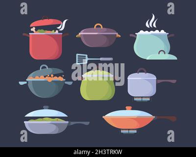 Cuisinière à gaz bouillant la nourriture.Préparation de différents produits cuisson casserole et pots vapeur et vecteur de visualisation d'odeur Illustration de Vecteur