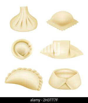 Boulettes réalistes.Produits de pâte pierogi boulettes asiatiques wontons et manti avec jeu d'illustrations vectorielles de farce Illustration de Vecteur