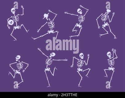 Danse du squelette.Fête personnages drôles danseurs pose sur halloween partie crâne os ensemble vectoriel Illustration de Vecteur