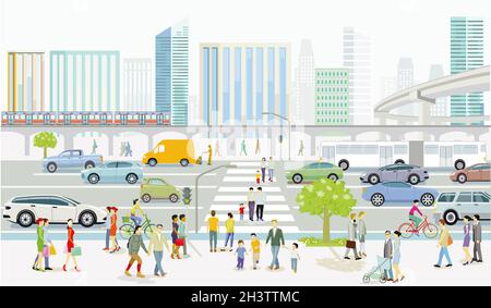 Silhouette de ville moderne avec circulation routière et piétons sur le passage à Zébra, illustration Banque D'Images
