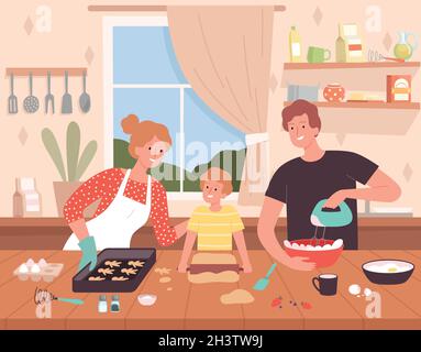 Préparation de la nourriture en cuisine.Fond de dessin animé avec des personnages de famille heureux faisant de délicieux produits chef Baking Vector Illustration de Vecteur